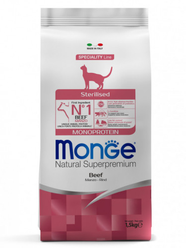 Сухой корм Monge Cat Speciality Line Monoprotein Sterilised для стерилизованных кошек, из говядины 1,5кг