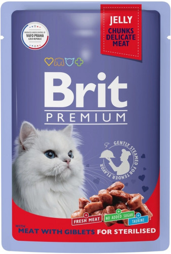 Корм Brit Premium Sterilised Meat & Giblets (в желе) для стерилизованных кошек, мясное ассорти с потрошками, 85 г