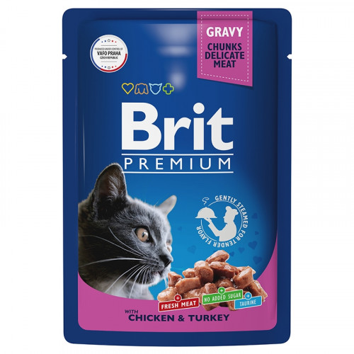 Brit Premium Пауч для взрослых кошек цыпленок и индейка в соусе 85 г