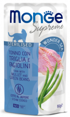 Влажный корм Monge Supreme sterilized cat для стерилизованных кошек с кефалью и зелёной фасолью, паучи 80 г