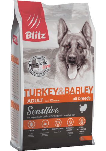Корм Blitz Sensitive Turkey & Barley для собак, с индейкой и ячменем 15 кг