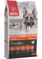 Корм Blitz Sensitive Turkey & Barley для собак, с индейкой и ячменем 15 кг