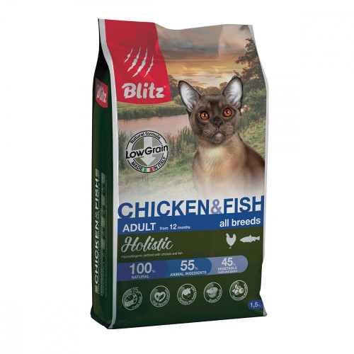 Корм сухой для кошек Blitz Holistic Chicken & Fish (низкозерновой) для всех пород, курица и рыба