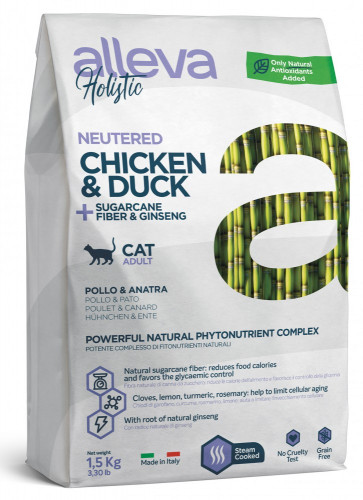 Корм Alleva Holistic Cat Neutered Chicken & Duck для стерилизованных кошек, курица, утка, волокна сахарного тростника и женьшень