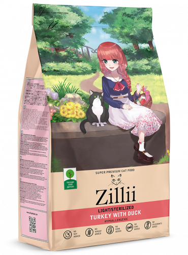 Корм ZILLII Light/Sterilized для взрослых кошек стерилизованных с Индейкой и Уткой