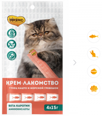 Лакомство для кошек Мнямс Крем с тунцом Кацуо и морским гребешком 15г 4шт