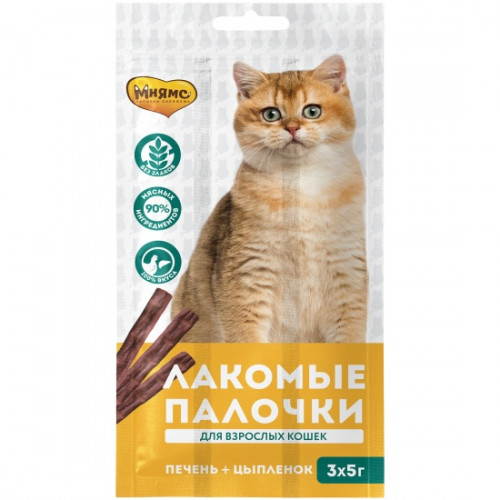 Лакомство для кошек Мнямс лакомые палочки с цыпленком и печень 5г 3шт