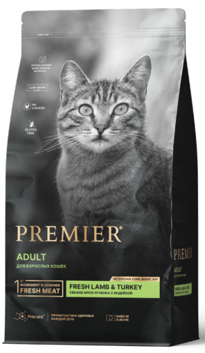 Низкозерновой сухой корм PREMIER Lamb and Turkey Adult Cat для взрослых кошек с ягненком, индейкой и рисом